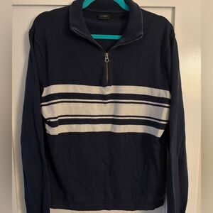 J. Crew Men's Dark Blue and White Striped Zip-Up Sweater